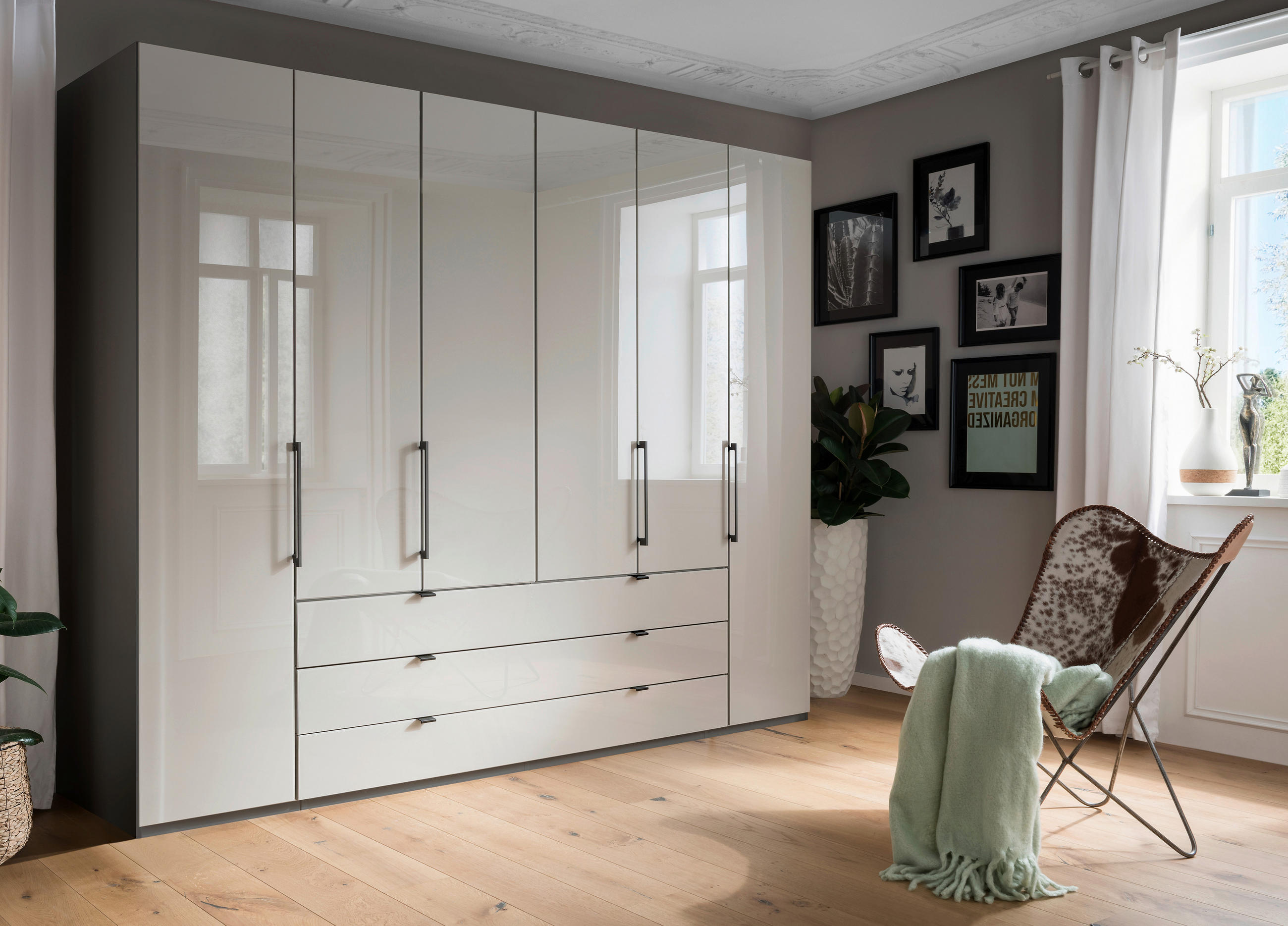 KLEIDERSCHRANK 300/236/58 cm 6-türig Grau, Hellgrau  - Schieferfarben/Hellgrau, KONVENTIONELL, Glas/Holzwerkstoff (300/236/58cm) - Novel