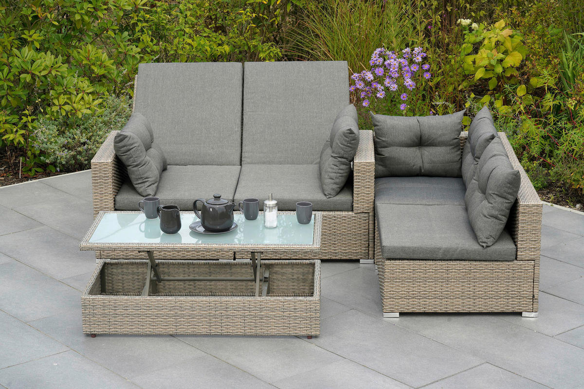 LOUNGEGARNITUR 7-teilig   Stahl  - Naturfarben/Grau, MODERN, Glas/Kunststoff - Gardenson