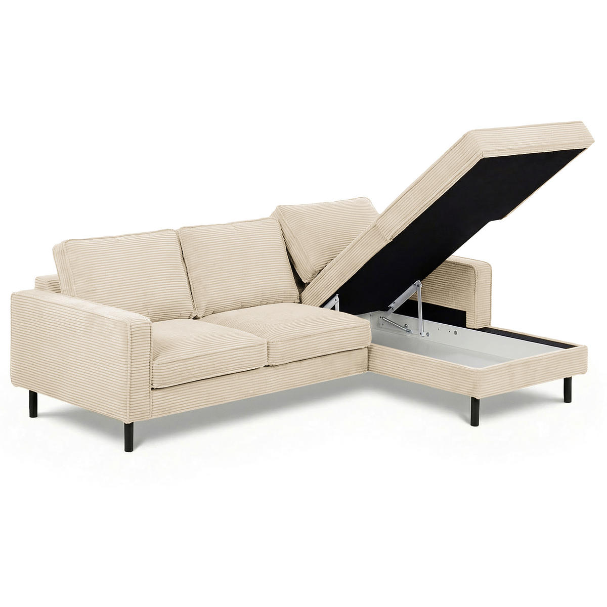 ECKSOFA Beige Cord Bettkasten, Schlaffunktion, Rücken echt  - Beige/Schwarz, Design, Textil/Metall (238/166cm) - Livetastic