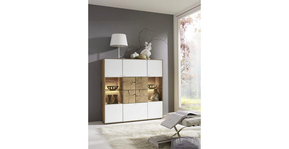 HIGHBOARD Kerneiche vollmassiv Weiß, Eichefarben Befestigungsmaterial Lago  - Eichefarben/Silberfarben, Design, Glas/Holz (137/138/39cm) - Valnatura