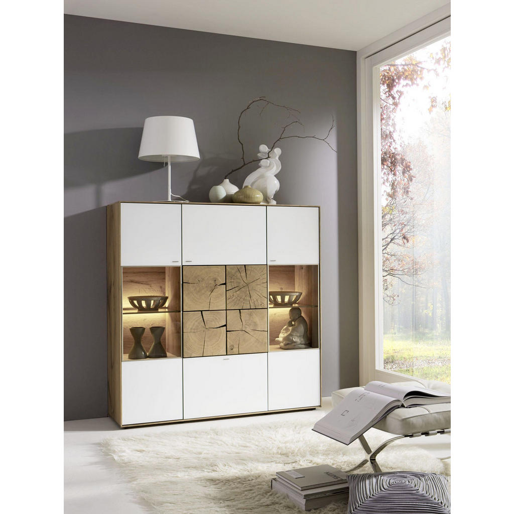 Thumbnail - Valnatura Highboard Lago, Weiß, Eiche, Metall, Kerneiche, 4 Fächer, 1 Schublade(n) Schubladen, 137x138x39 cm, Goldenes M...
