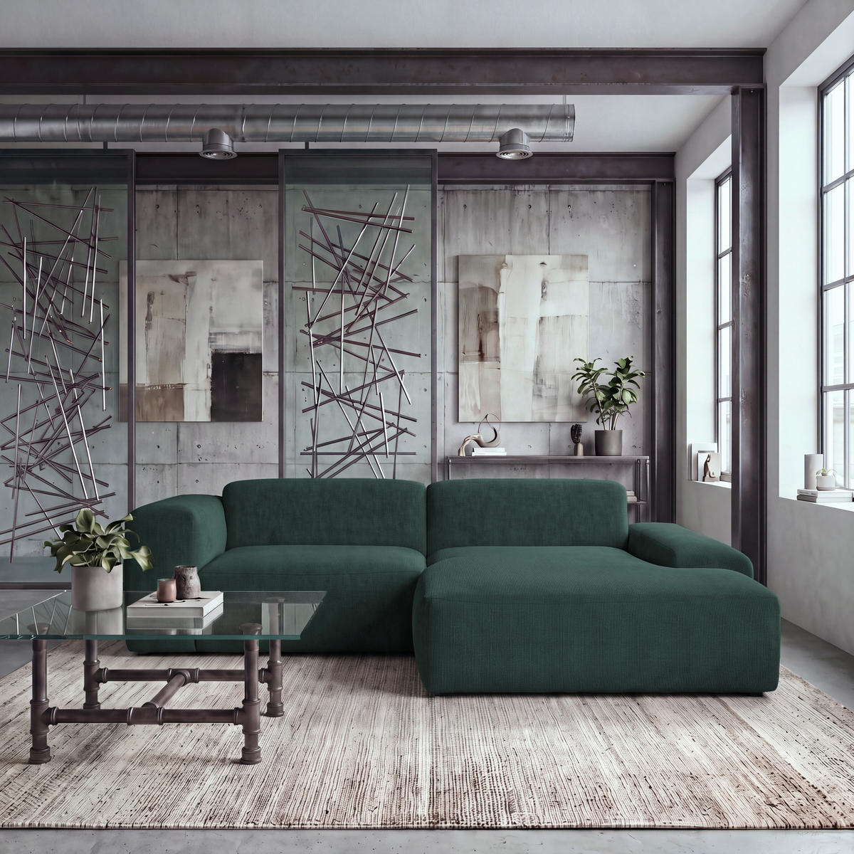 ECKSOFA HANNAH Grün Cord  - Schwarz/Grün, Design, Kunststoff/Textil (252/170cm) - MID.YOU