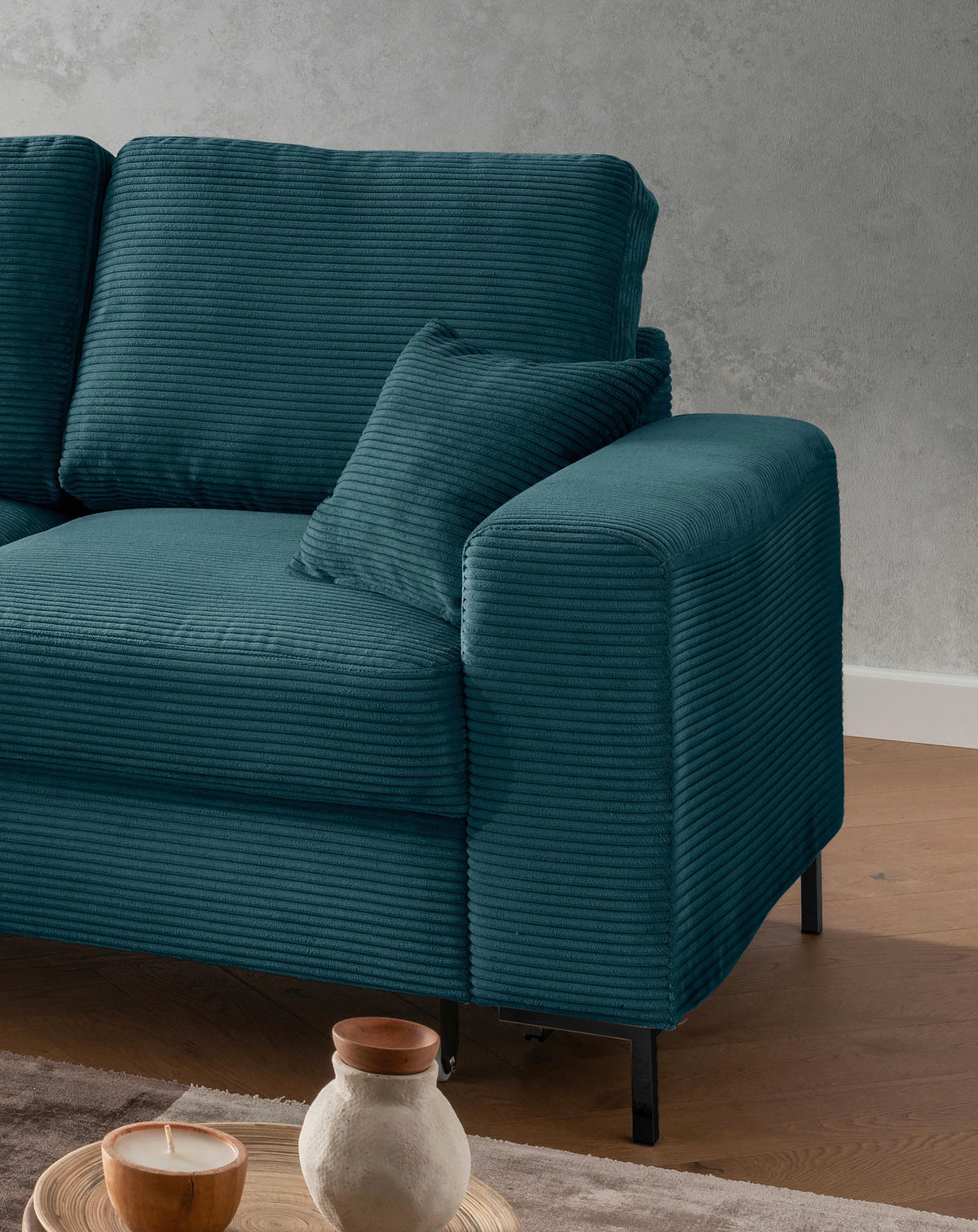 ECKSCHLAFSOFA  mit Rücken echt Cord Petrol  - Petrol/Schwarz, KONVENTIONELL, Textil/Metall (143/237cm) - Livetastic