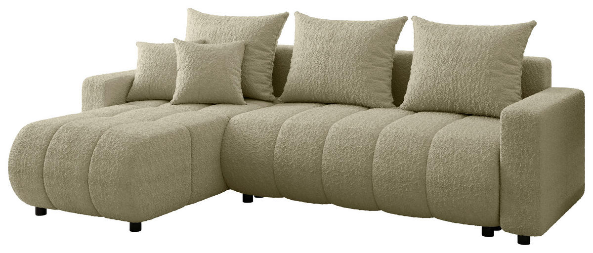ECKSOFA Beige Bouclé Zierkissen, Rückenkissen, Bettkasten, Schlaffunktion, Rücken echt, Liegefläche im Originalstoff  - Beige/Schwarz, MODERN, Kunststoff/Textil (150/240cm) - Carryhome