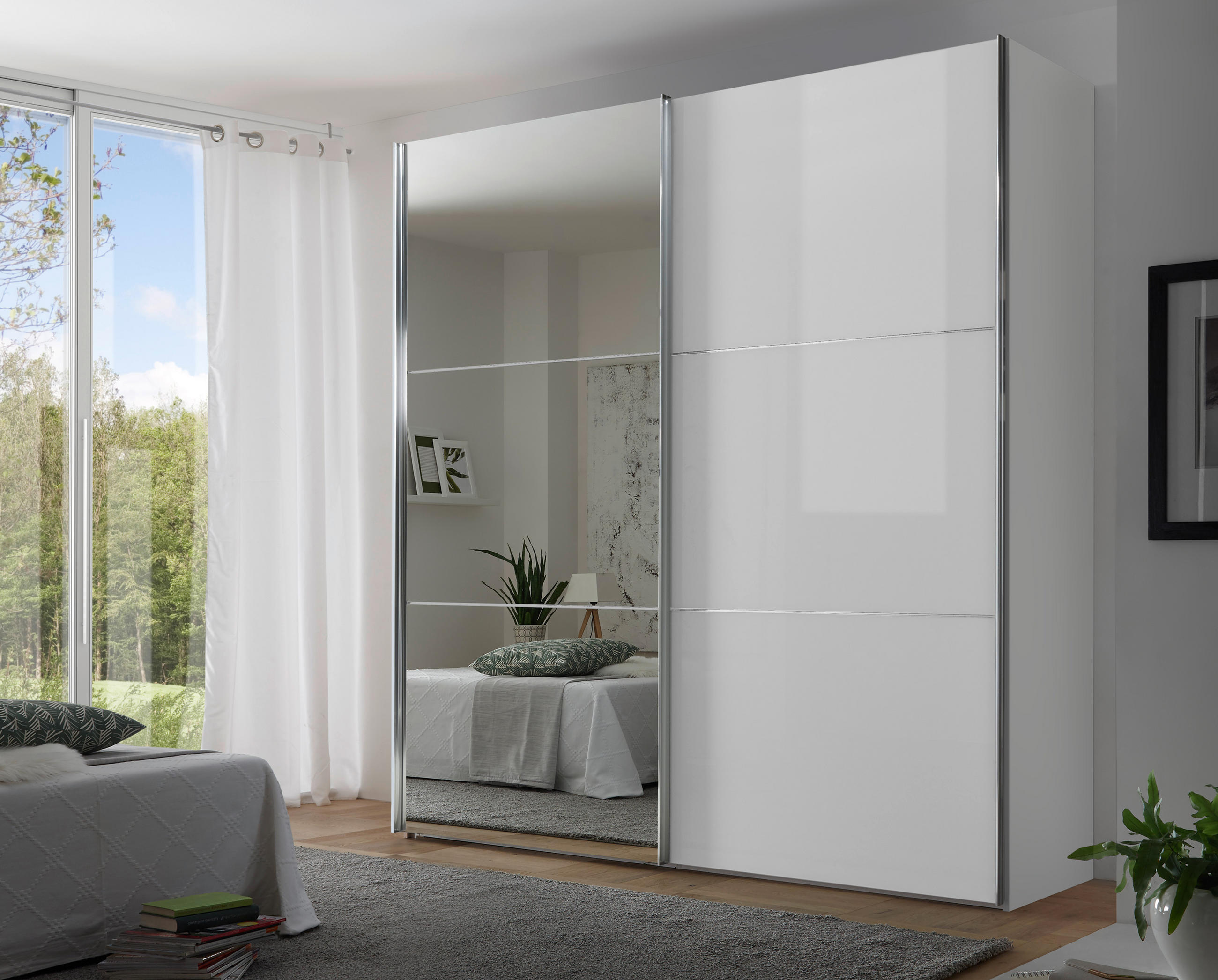 SCHWEBETÜRENSCHRANK in Weiss - Chromfarben/Weiss, Konventionell, Glas/Holzwerkstoff (200/222/68cm) - Moderano