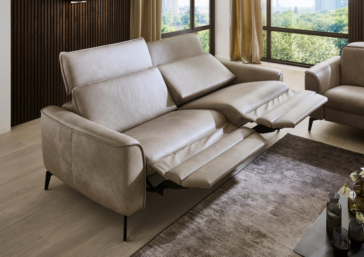 3-SITZER-SOFA in Echtleder Graubraun  - Graubraun/Schwarz, Natur, Leder/Metall (222/81/110cm) - Valdera