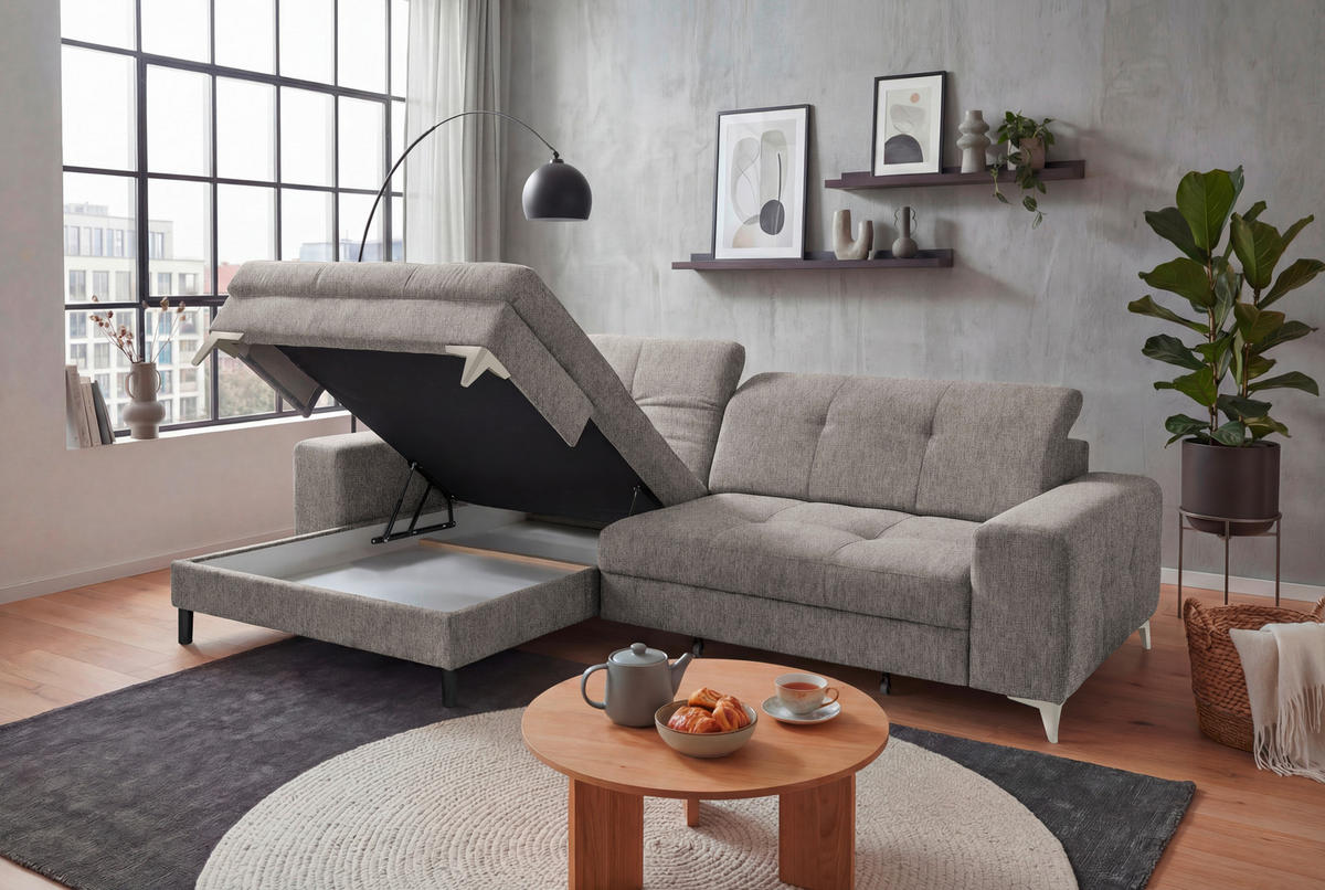 ECKSOFA SORELLA Taupe Mikrovelours Kopfteilverstellung, Sitztiefenverstellung  - Taupe/Kaschmir, Design, Kunststoff/Textil (182/328cm) - MID.YOU