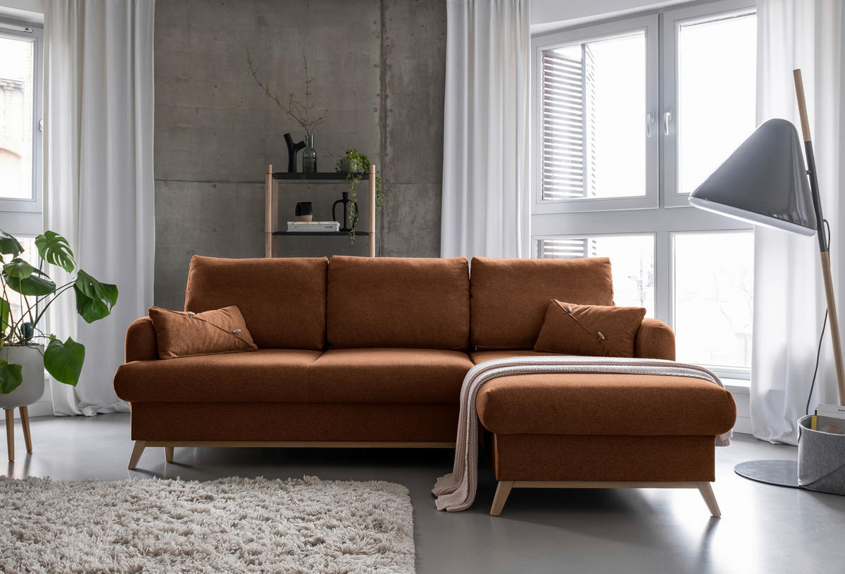 ECKSOFA in Chenille Terracotta  235/157 cm  - Terracotta/Naturfarben, Holz/Textil (235/157cm) - MID.YOU