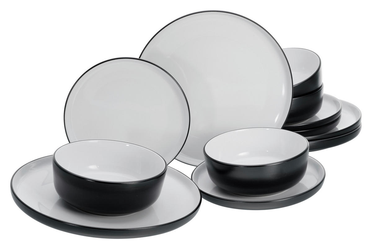 TAFELSERVICE Nordic Cool Black 12-teilig  - Grauweiß/Schwarz, Basics, Keramik - Creatable