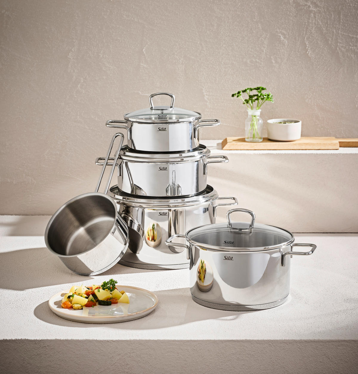 KOCHTOPFSET Alicante 5-teilig  - Edelstahlfarben, Basics, Glas/Metall - Silit