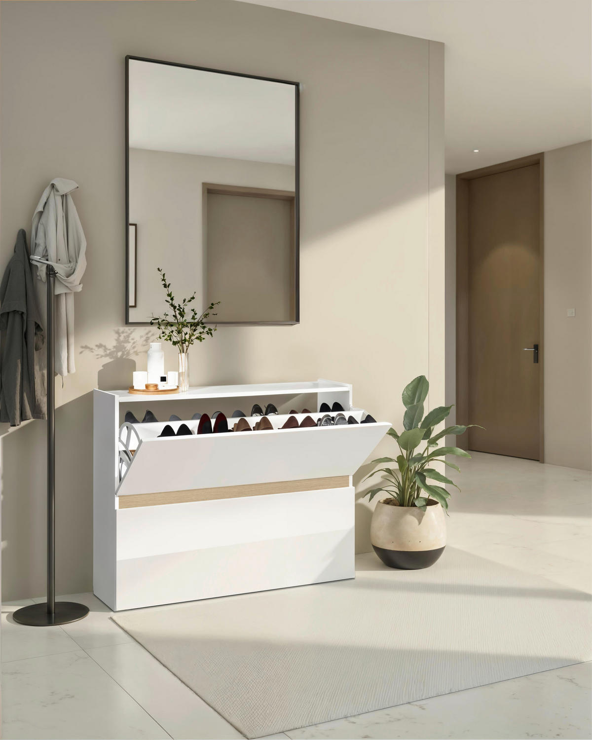 SCHUHKIPPER  in 104/82/29 cm  - Eichefarben/Weiß Hochglanz, Design, Holzwerkstoff (104/82/29cm) - MID.YOU