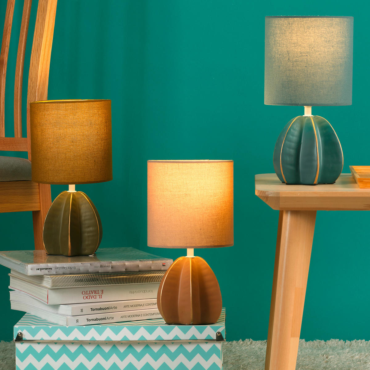 STOLNÍ LAMPA, E14, 17/32 cm  - modrá, Design, textil/keramika (17/32cm)