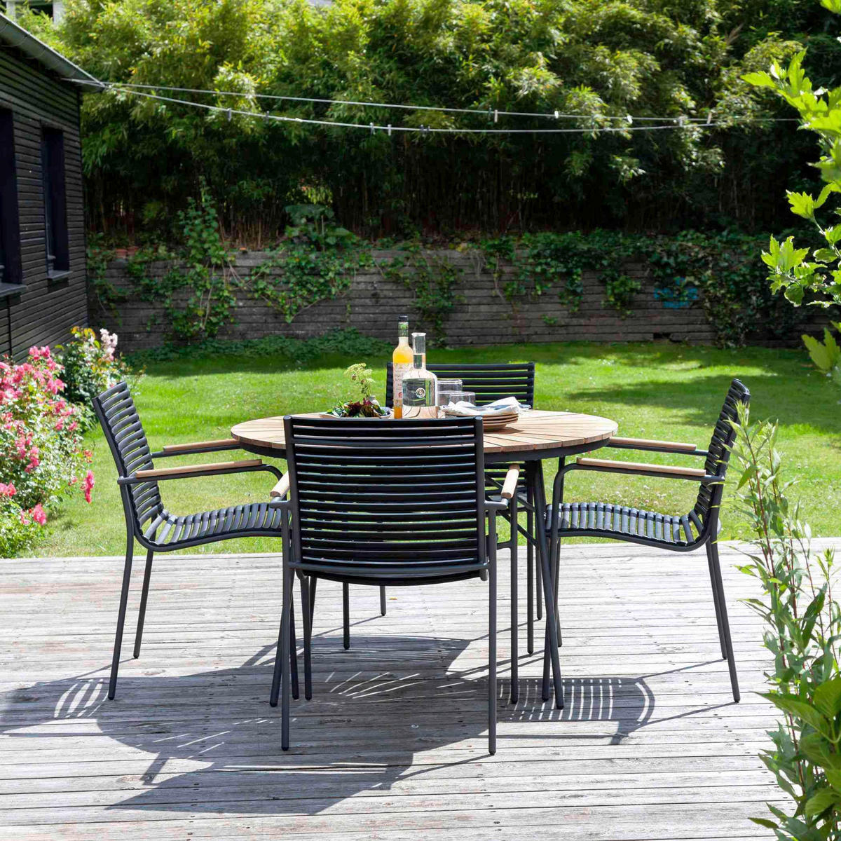 GARTENTISCHGRUPPE Teakholzvollmassiv  - Anthrazit/Schwarz, Natur, Holz/Kunststoff - Gardenson