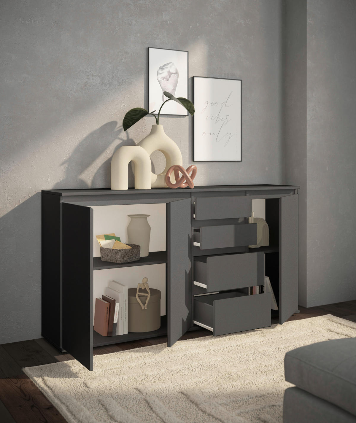 SIDEBOARD Brest 160/84/35 cm 4 Schublade(n)  - Anthrazit/Grau, Design, Holzwerkstoff/Kunststoff (160/84/35cm) - Boxxx