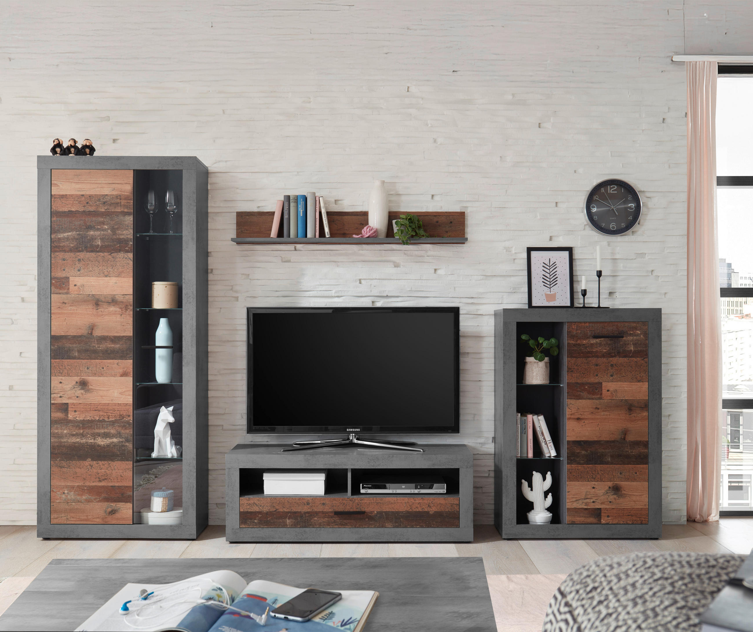 WOHNWAND  in Anthrazit, Braun  304/189/40 cm  - Anthrazit/Schwarz, Trend, Glas/Holzwerkstoff (304/189/40cm) - Ti'me