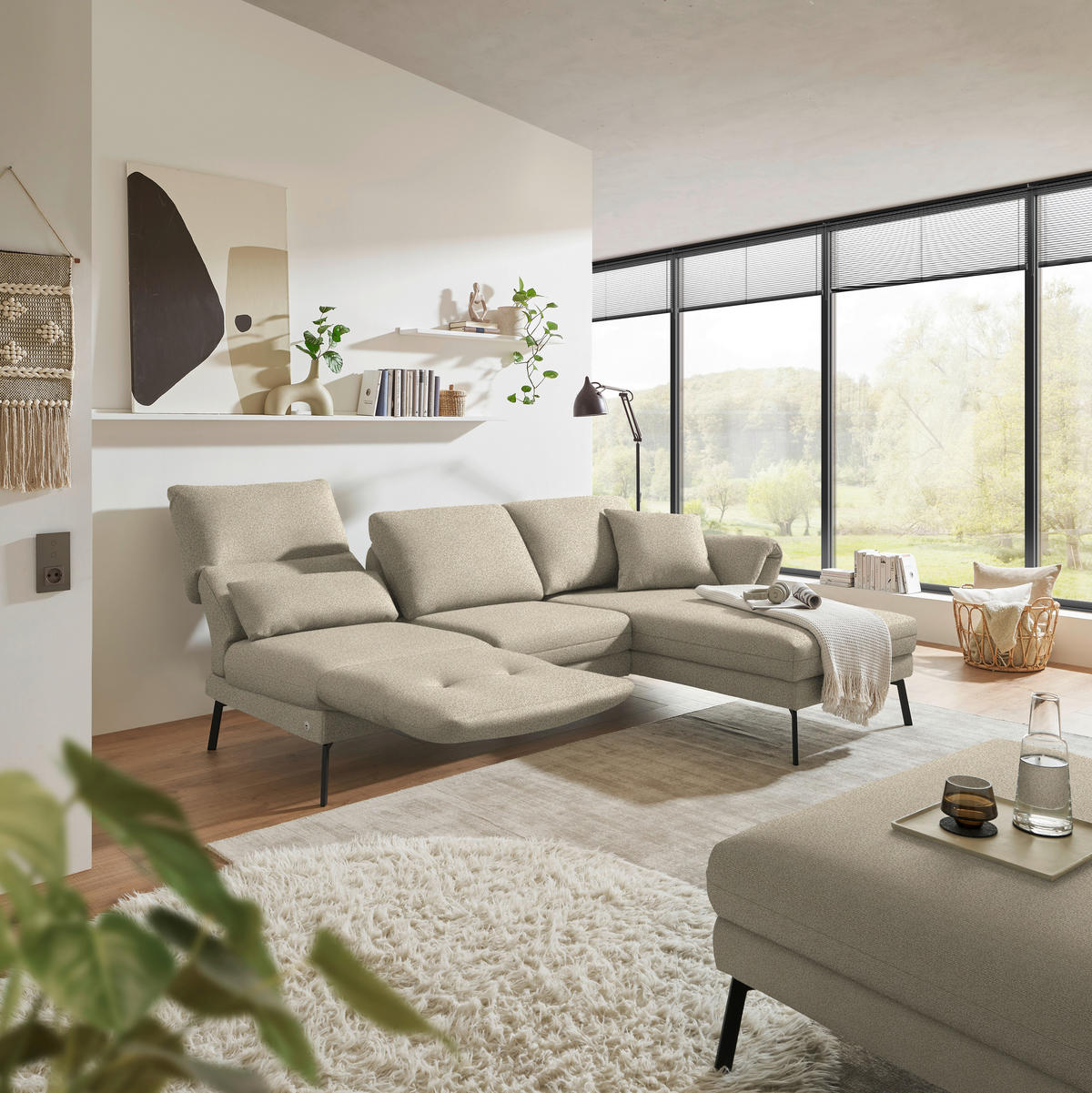 ECKSOFA Flachgewebe Beige  - Beige/Schwarz, Design, Textil/Metall (255-365/175-224cm) - Dieter Knoll