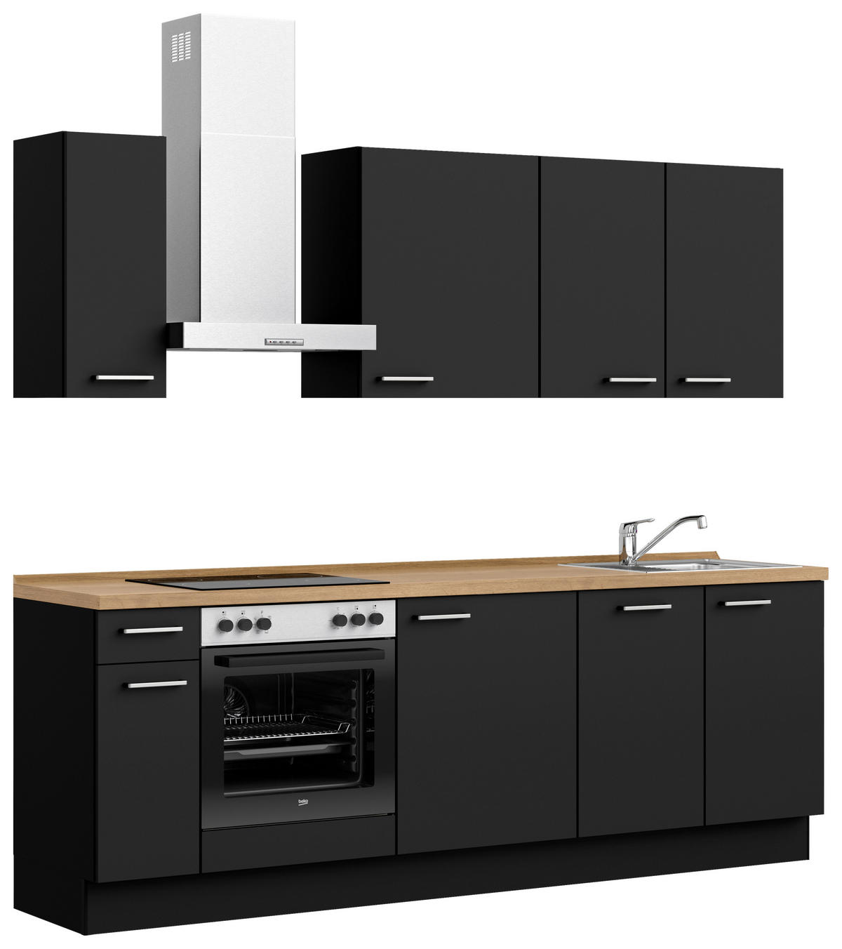KÜCHENBLOCK 240 cm   in Schwarz, Eichefarben  - Edelstahlfarben/Eichefarben, MODERN, Holzwerkstoff/Metall (240cm) - Nobilia