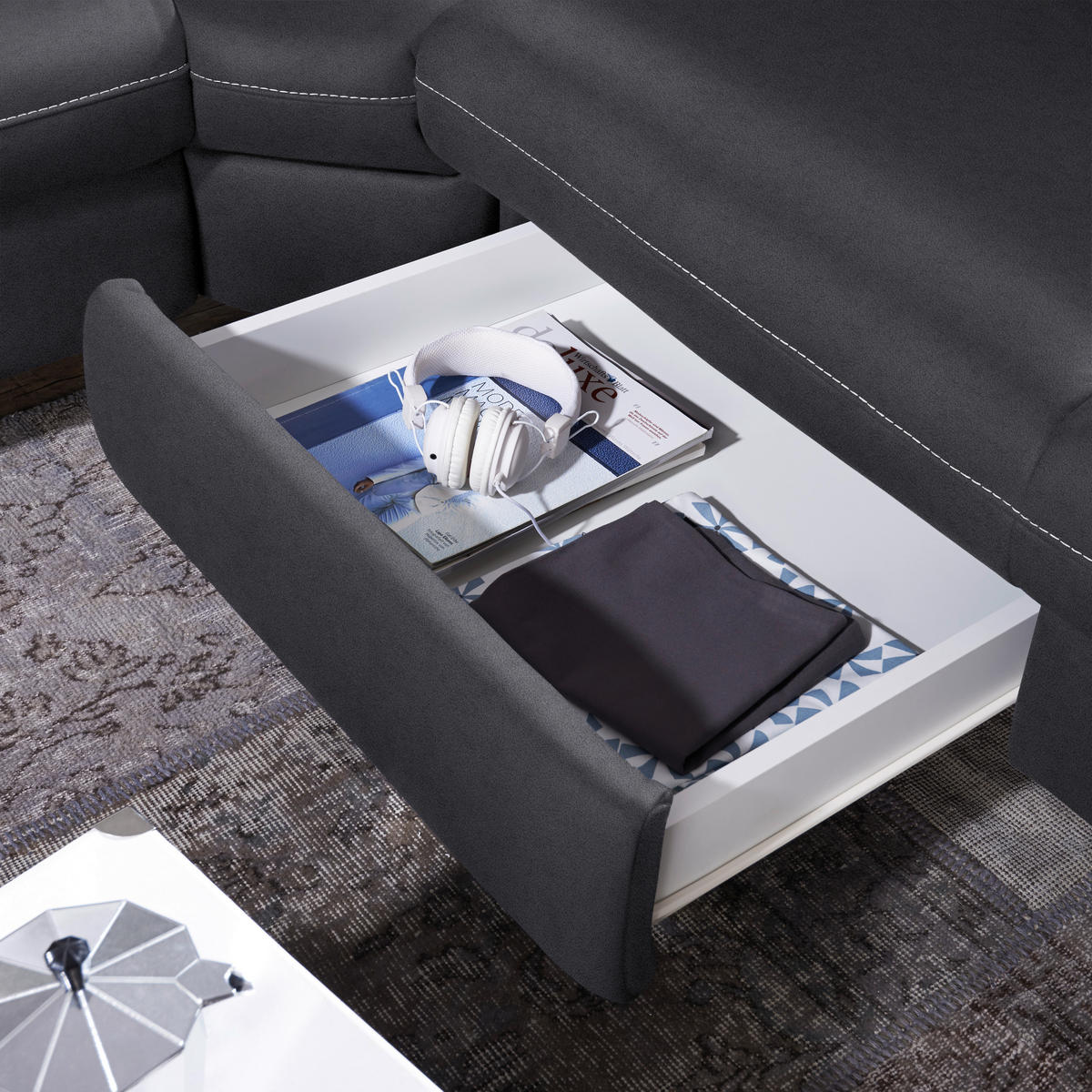 ECKSOFA in Flachgewebe, Mikrofaser Anthrazit  271/239 cm  - Anthrazit/Beige, Design, Textil/Metall (271/239cm) - Cantus