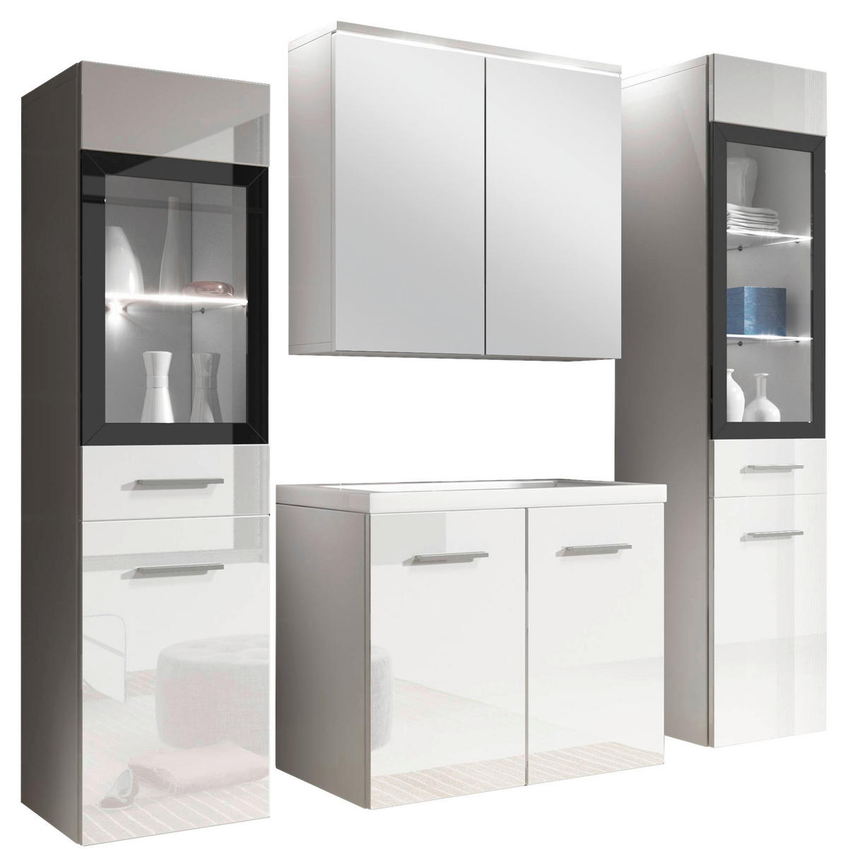 BADEZIMMER 5-teilig  in 120 cm  - Weiss Hochglanz/Weiss, Basics, Glas/Holzwerkstoff (120cm) - P & B