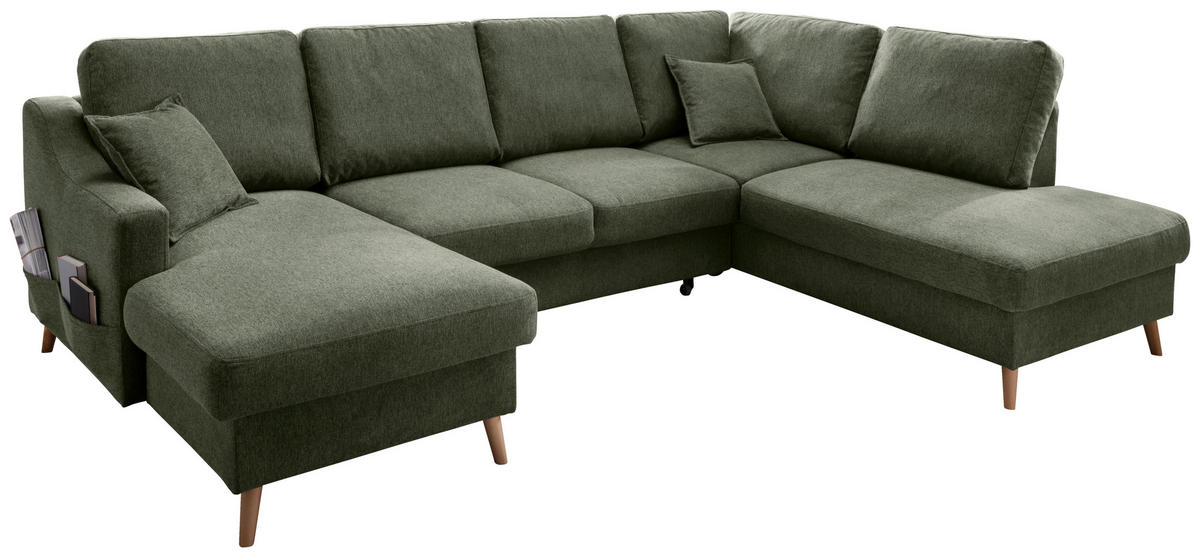 WOHNLANDSCHAFT in Chenille Dunkelgrün  - Dunkelgrün/Naturfarben, Konventionell, Holz/Textil (150/301/200cm) - Livetastic