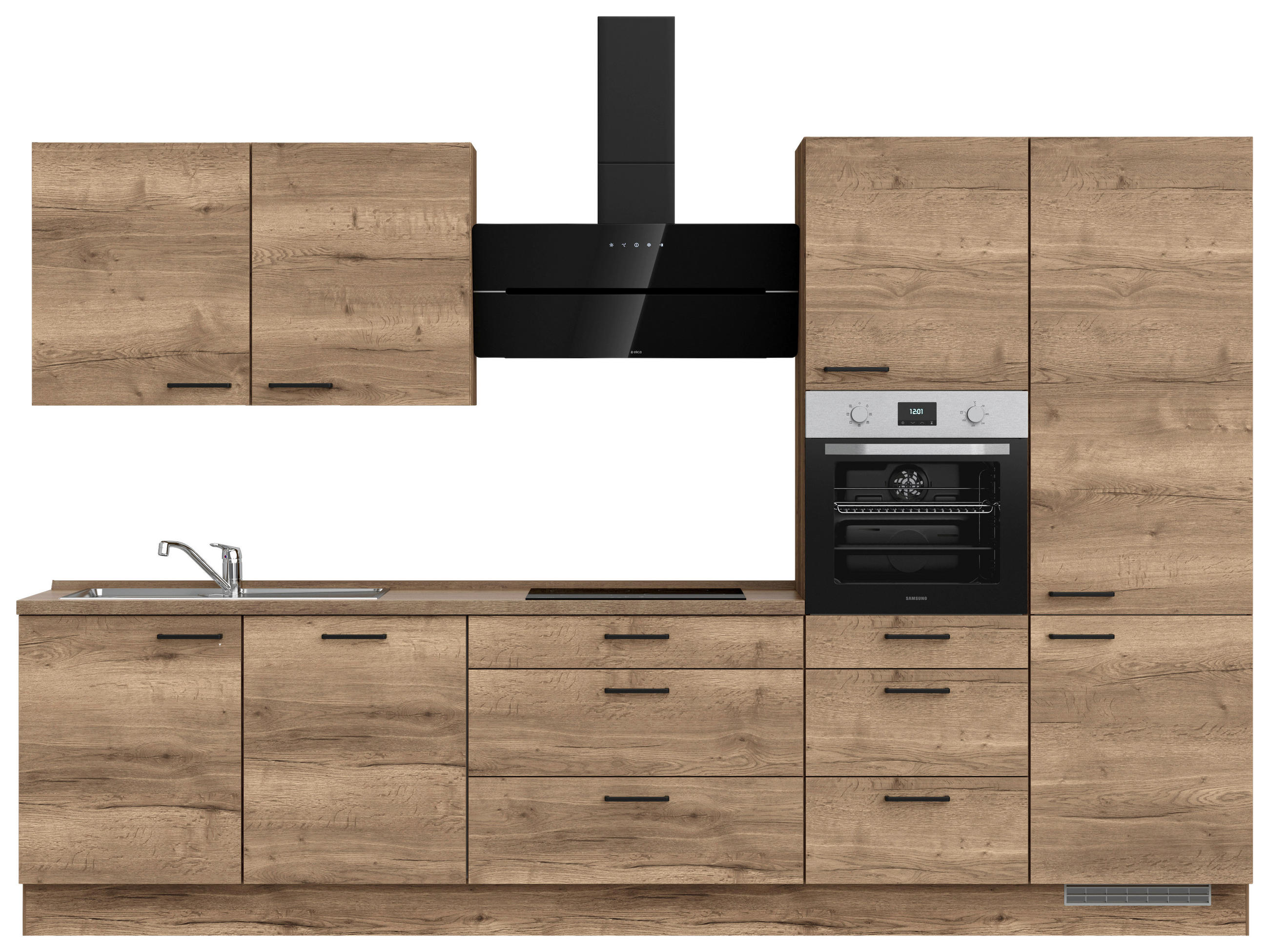 KÜCHENBLOCK 330 cm   in Eiche dunkel  - Eiche dunkel/Schwarz, MODERN, Holzwerkstoff/Metall (330cm) - Nobilia