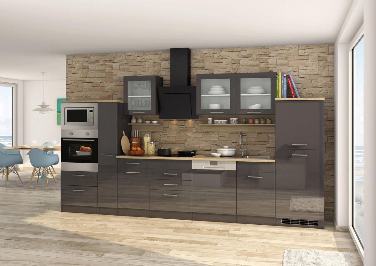 KÜCHENLEERBLOCK 370 cm   in Graphitfarben  - Silberfarben/Graphitfarben, MODERN, Glas/Holzwerkstoff (370cm) - Held