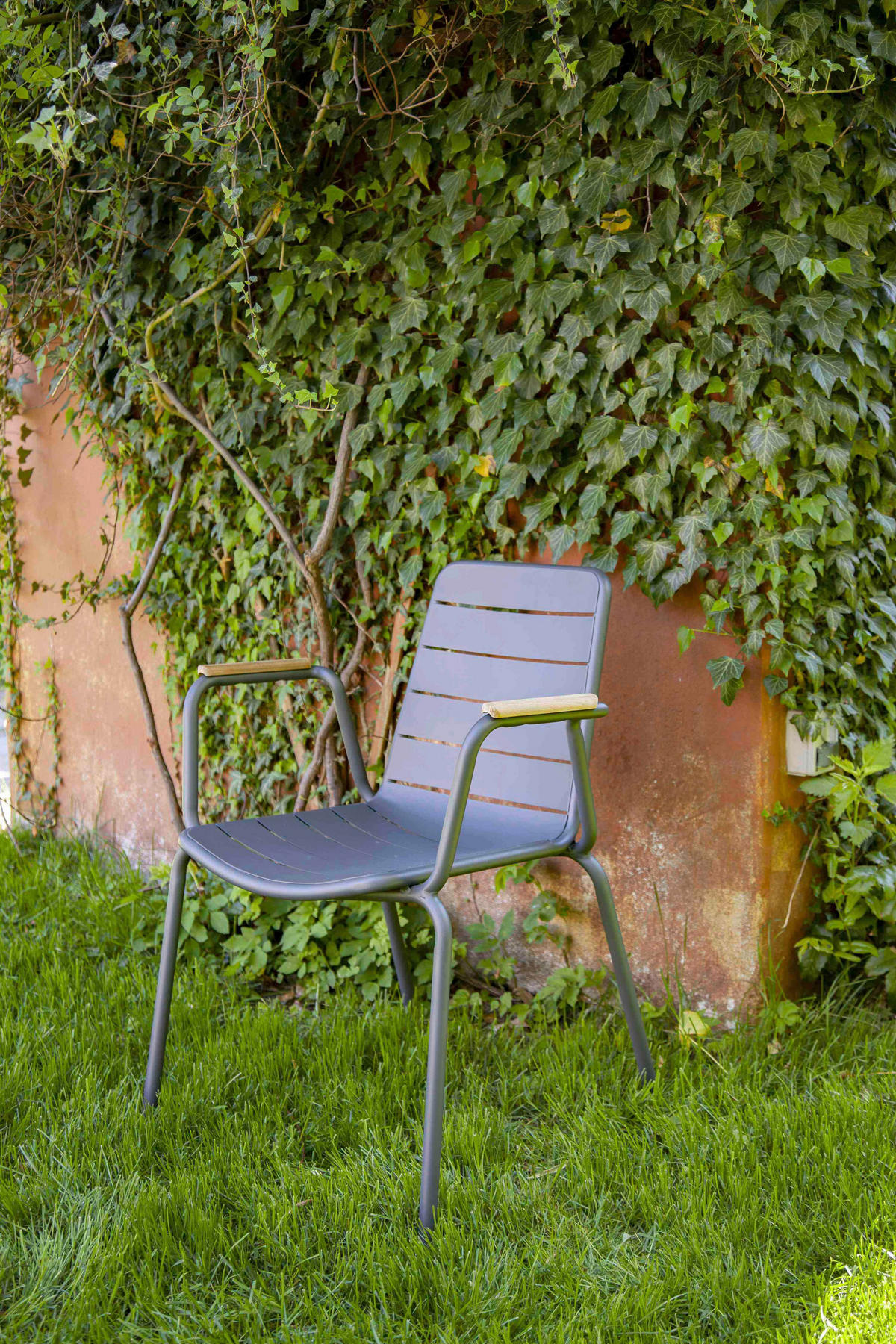 GARTENSTUHL Aluminium Anthrazit, Naturfarben  - Anthrazit/Naturfarben, Natur, Holz/Metall (58/80/58cm) - Gardenson