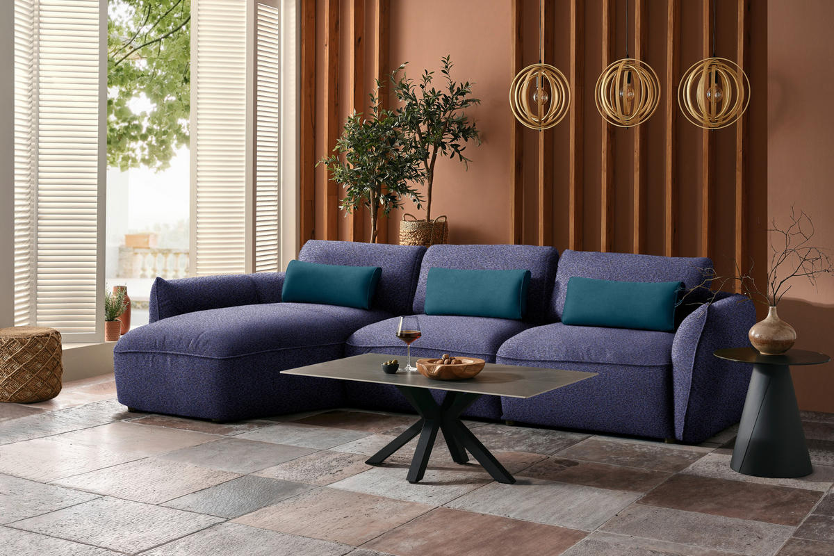 ECKSOFA  in Chenille Blau  190/340 cm  - Blau/Schwarz, Design, Kunststoff/Textil (190/340cm) - Belluti