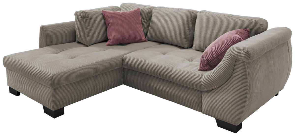 ECKSOFA  in Cord Graubraun Zierkissen, Schlaffunktion, Rücken echt, Liegefläche im Originalstoff  190/250 cm  - Koralle/Graubraun, Design, Holz/Textil (190/250cm) - MID.YOU