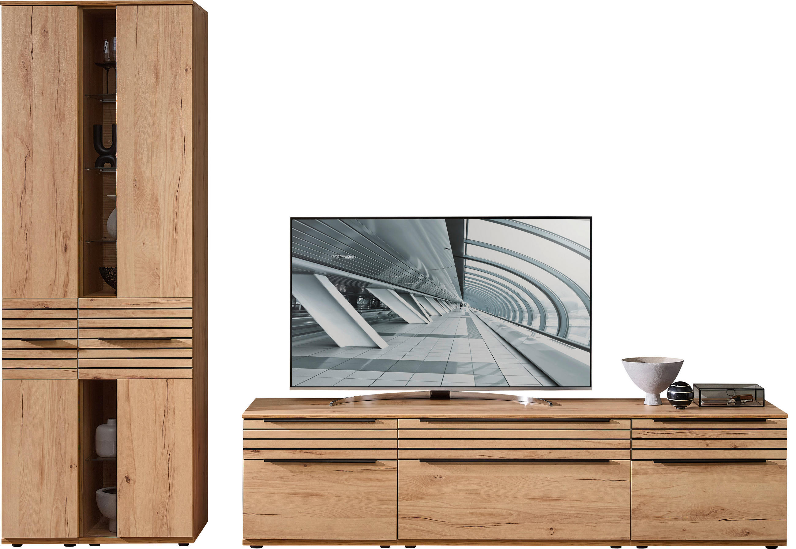 WOHNWAND 2-teilig  in Buchefarben  315/215/45 cm  - Buchefarben/Schwarz, KONVENTIONELL, Glas/Holzwerkstoff (315/215/45cm) - Venda