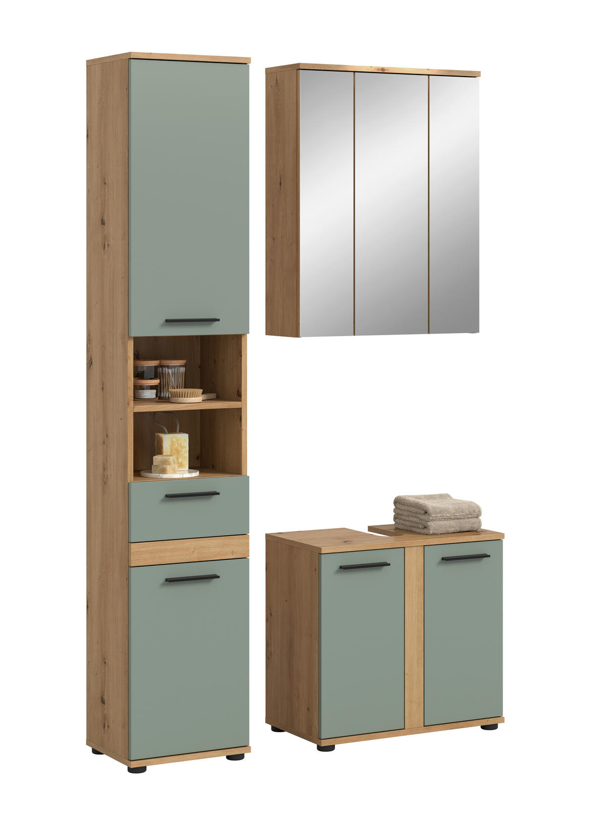 BADEZIMMER 3-teilig  in 110 cm  - Salbeigrün/Schwarz, Trend, Glas/Holzwerkstoff (110cm) - MID.YOU