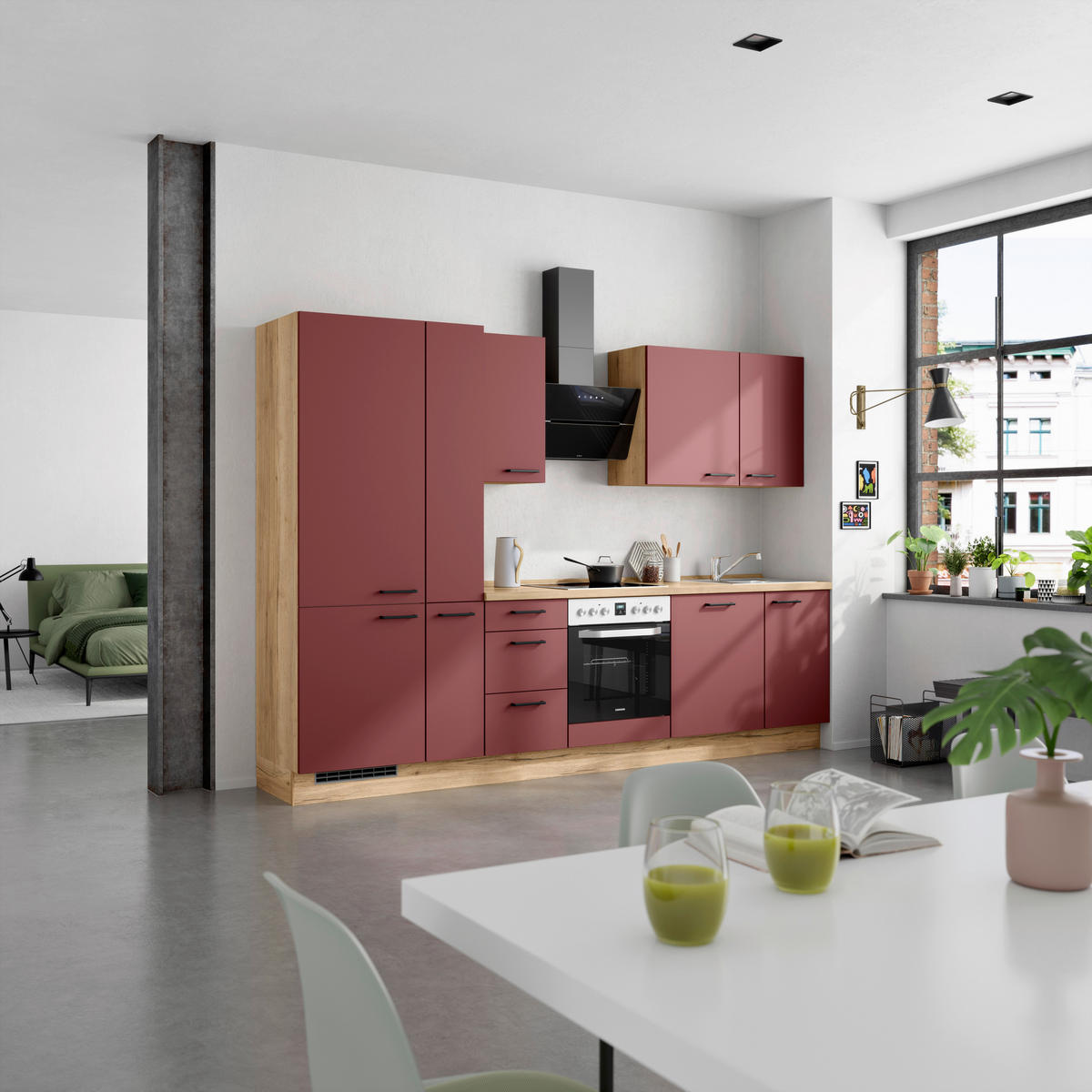 KÜCHENLEERBLOCK 300 cm   in Rot, Eichefarben  - Eichefarben/Rot, MODERN, Holzwerkstoff/Metall (300cm) - Nobilia