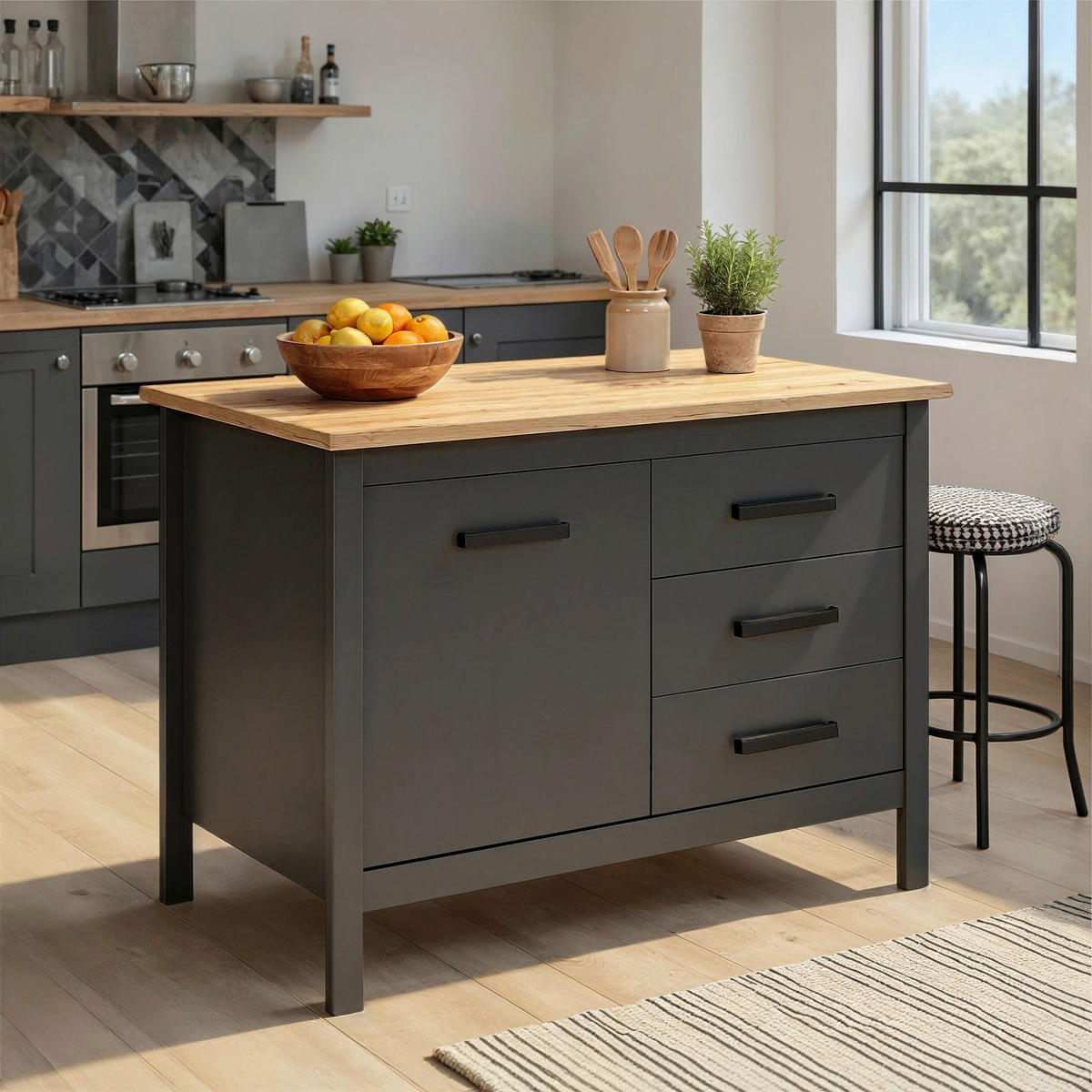 KÜCHENINSEL 124/91/75 cm  in Anthrazit, Eiche Artisan  - Anthrazit/Schwarz, MODERN, Holzwerkstoff/Metall (124/91/75cm) - home24