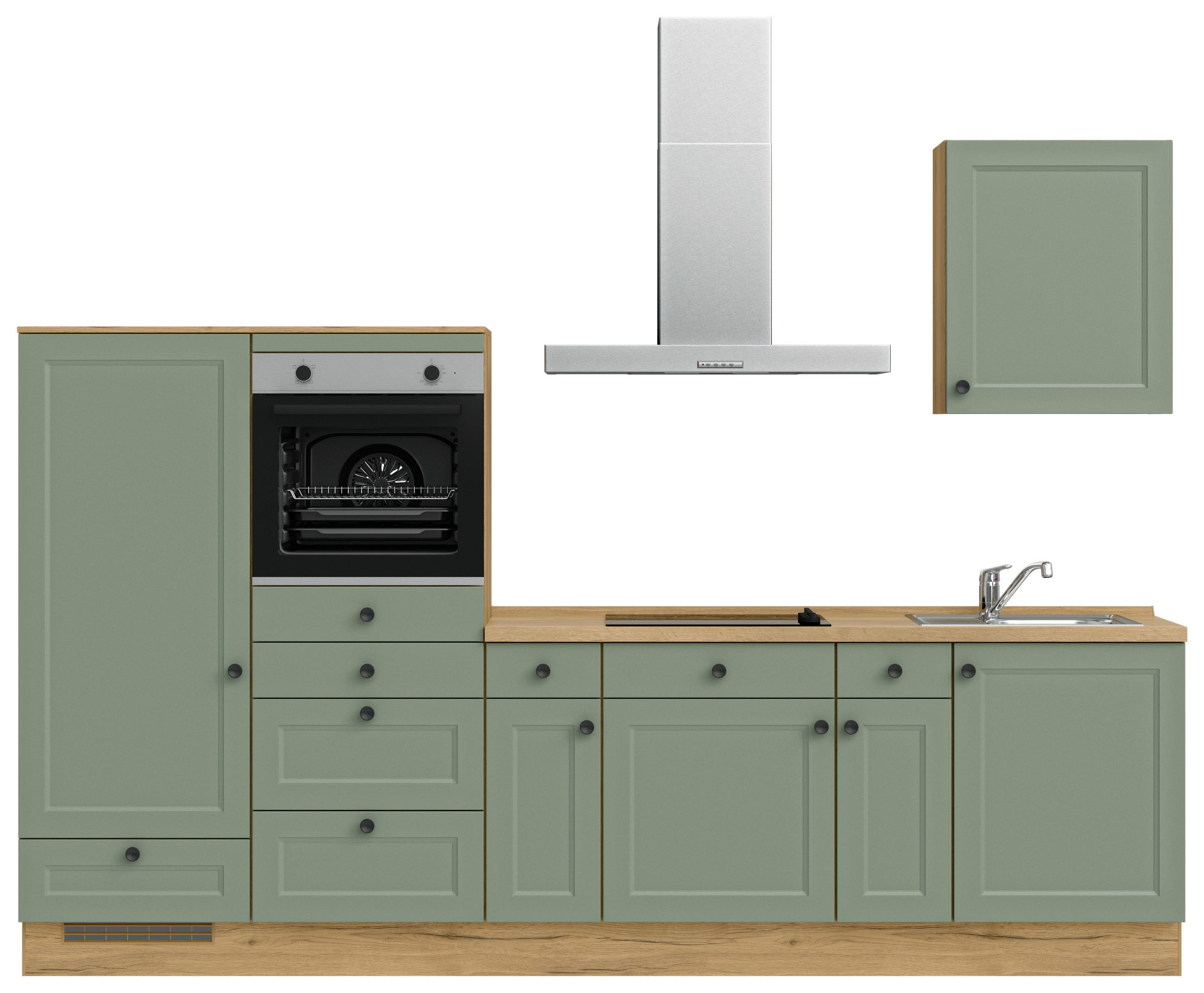 BUCĂTĂRIE FĂRĂ ELECTROCASNICE  - verde/culoare lemn stejar, Modern, metal/material pe bază de lemn (300cm) - Nobilia