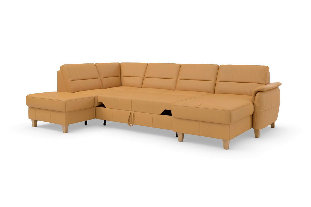 SEDACÍ SOUPRAVA, kůže, curry žlutá - barvy dubu/curry žlutá, Basics, dřevo/kůže (212/308/163cm) - Sit & More