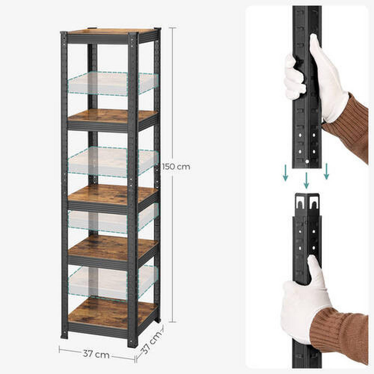 STOJACÍ REGÁL, hnedá, čierna, 37/150/37 cm - hnedá/čierna, Basics, kompozitné drevo (37/150/37cm) - Boxxx