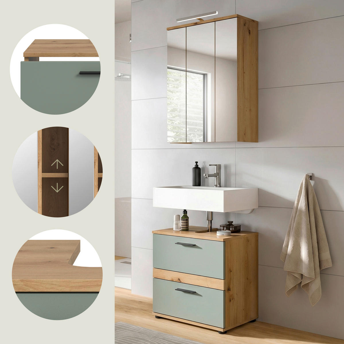 BADEZIMMER 3-teilig  in 60 cm  - Salbeigrün/Schwarz, Trend, Glas/Holzwerkstoff (60cm) - MID.YOU