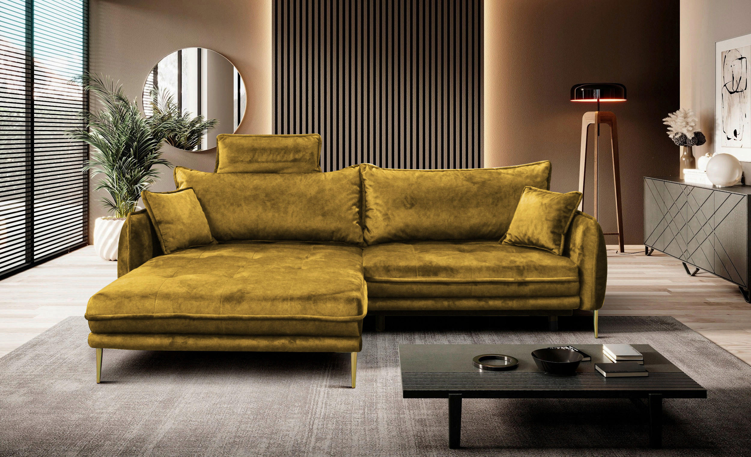 ECKSOFA Senfgelb Velours Bettkasten  - Goldfarben/Senfgelb, Design, Textil/Metall (196/264cm) - P & B