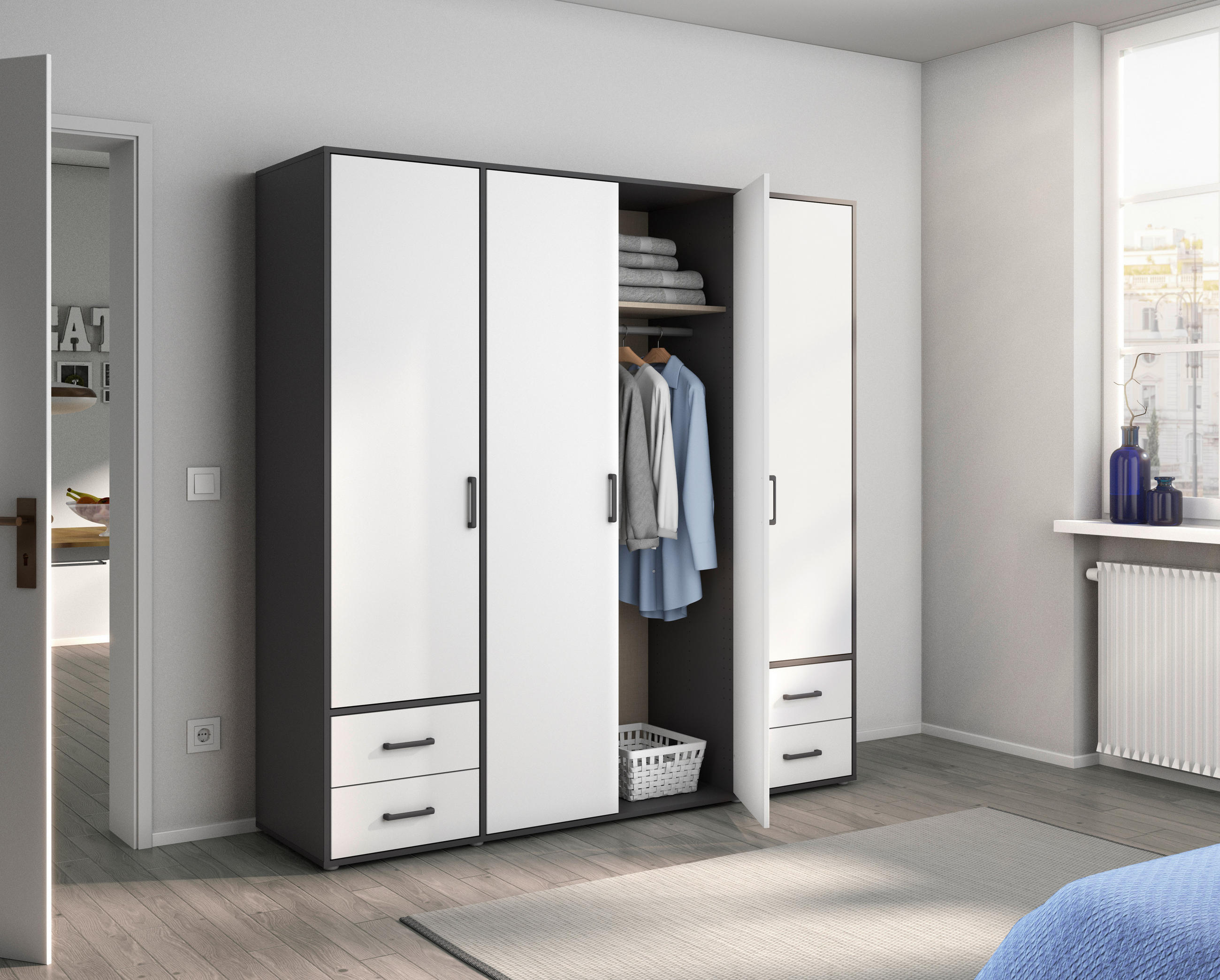 DREHTÜRENSCHRANK 187/194/53 cm 4-türig Grau, Weiß  - Weiß/Grau, MODERN, Holzwerkstoff/Kunststoff (187/194/53cm) - Rauch Möbel