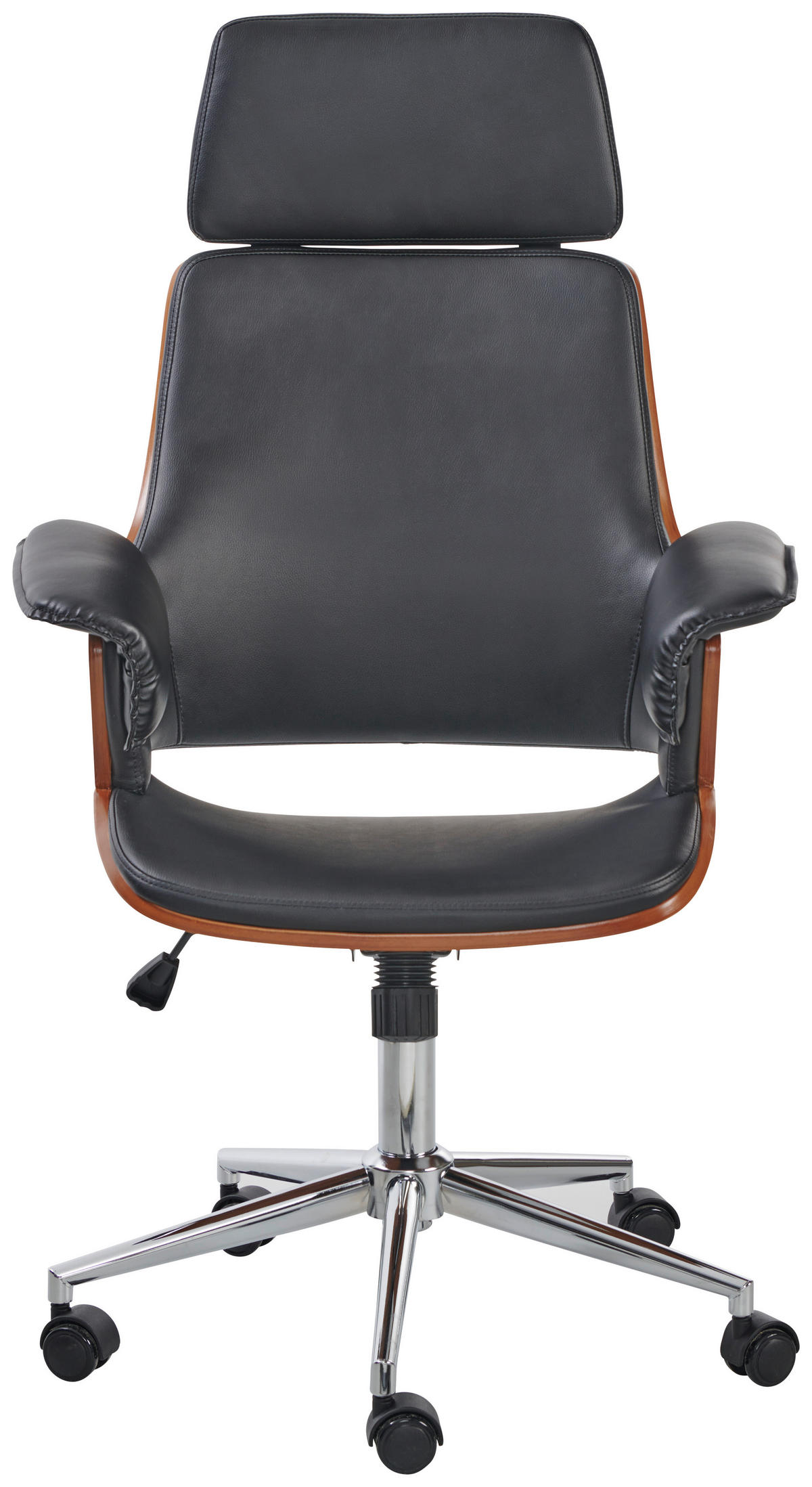 CHEFSESSEL Lederlook Schwarz, Chromfarben, Walnussfarben  - Chromfarben/Walnussfarben, MODERN, Holz/Kunststoff (67/113-123/64cm) - Livetastic