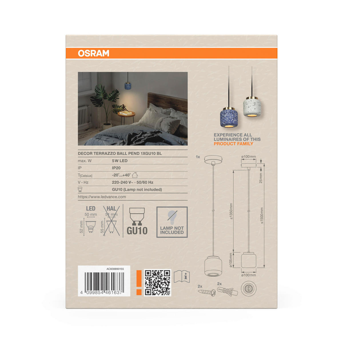 HÄNGELEUCHTE 10/150 cm  - Blau, Basics, Stein (10/150cm) - Osram
