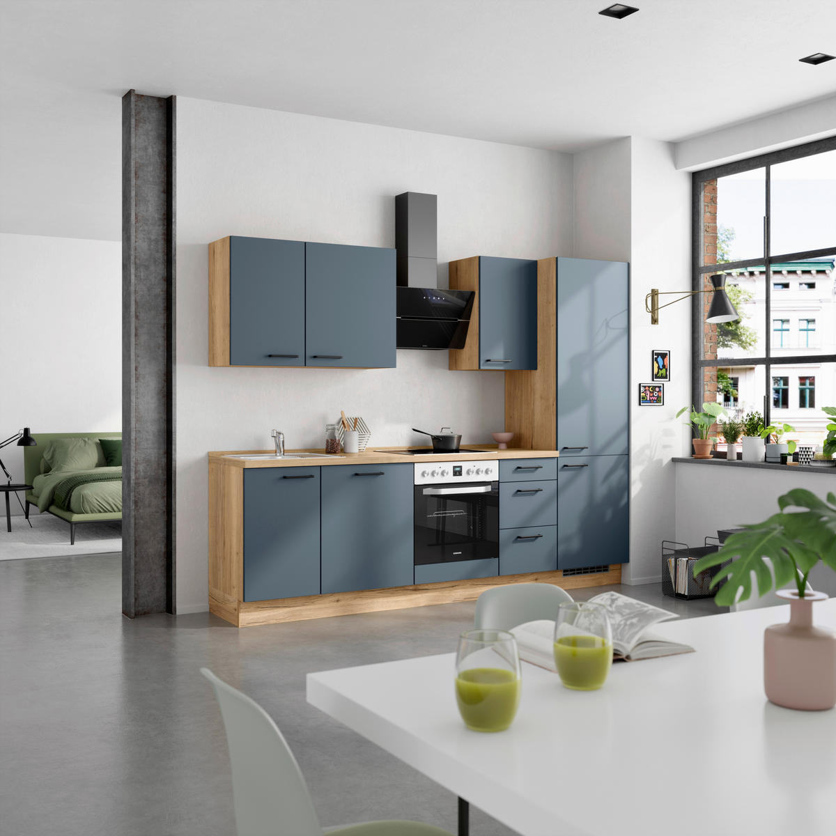 KÜCHENBLOCK Easytouch 270 cm  in Eichefarben, Dunkelblau  - Eichefarben/Schwarz, MODERN, Holzwerkstoff/Metall (270cm) - Nobilia