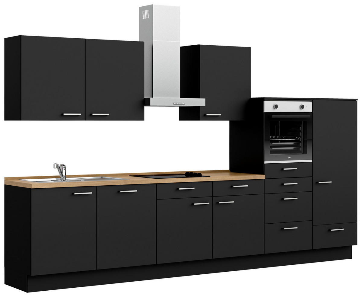 KÜCHENBLOCK 360 cm   in Schwarz, Eichefarben  - Edelstahlfarben/Eichefarben, MODERN, Holzwerkstoff/Metall (360cm) - Nobilia