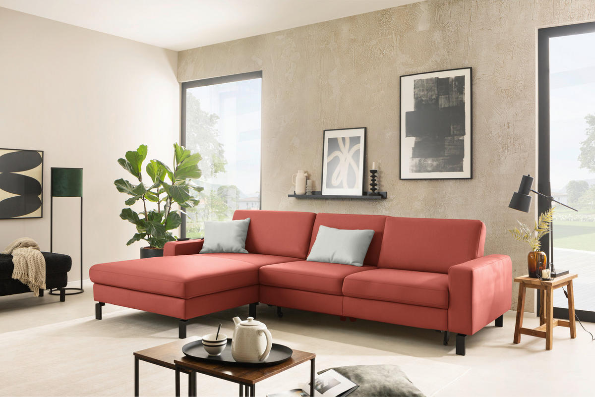 ECKSOFA  in Cord Koralle Rücken echt, Sitztiefenverstellung  185/298 cm  - Koralle/Schwarz, Design, Textil/Metall (185/298cm) - Pure Home Lifestyle