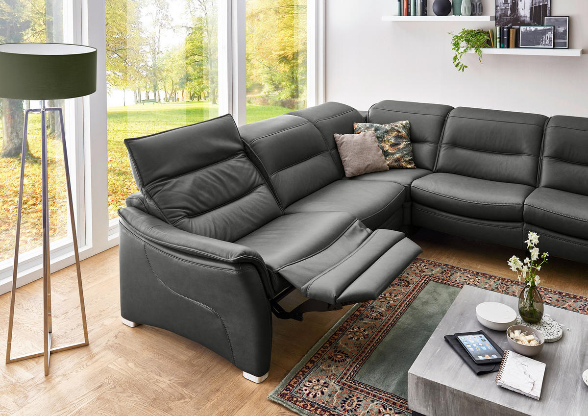 ECKSOFA in Echtleder Schwarz  - Alufarben/Schwarz, Design, Leder/Metall (277/277cm) - Valdera