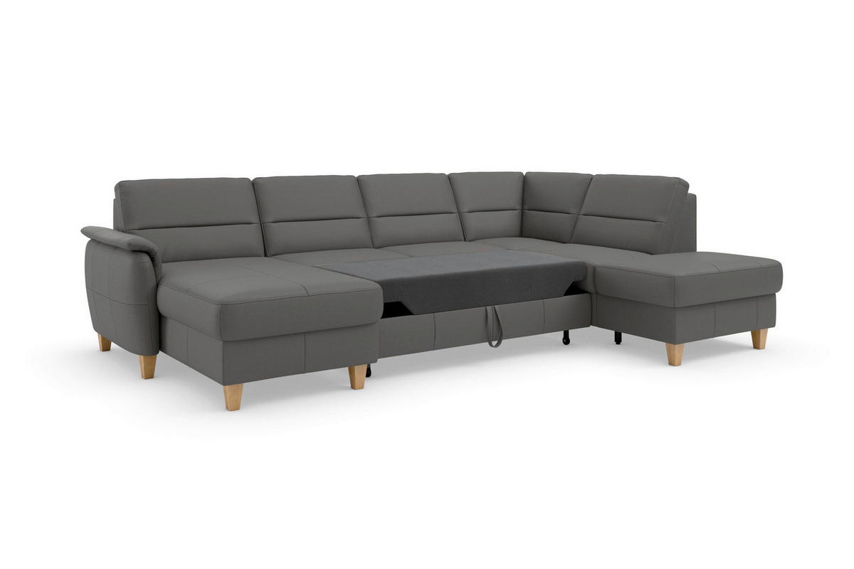 WOHNLANDSCHAFT PALMERA E in Mikrofaser Kombination Echtleder/Stoff Mokka  - Eichefarben/Mokka, Basics, Leder/Holz (163/308/212cm) - Sit & More