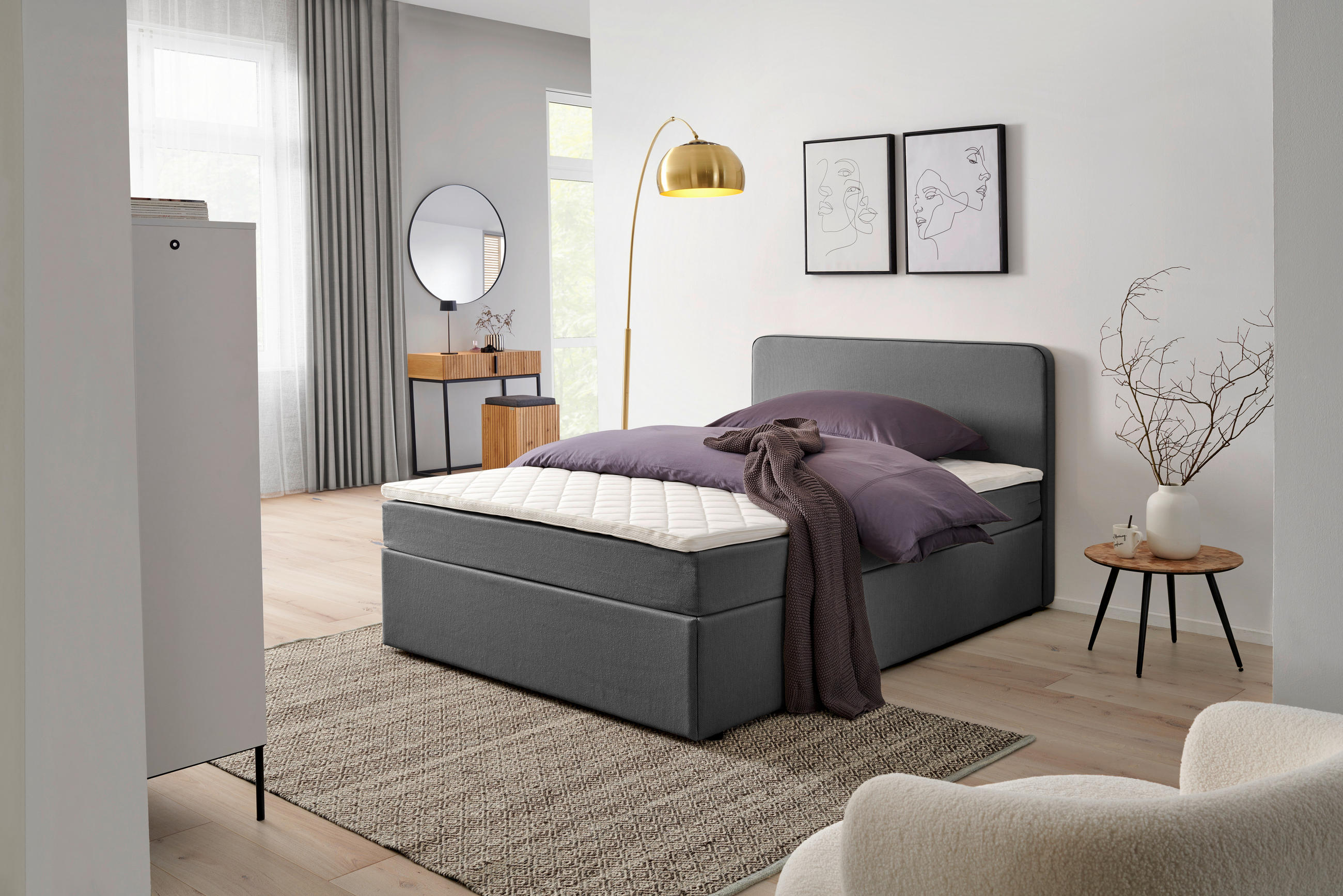 BOXBETT 140/200 cm,  in Grau, Matratze, Topper, H2 = mittel  - Grau, KONVENTIONELL, Holz (140/200cm) - P & B