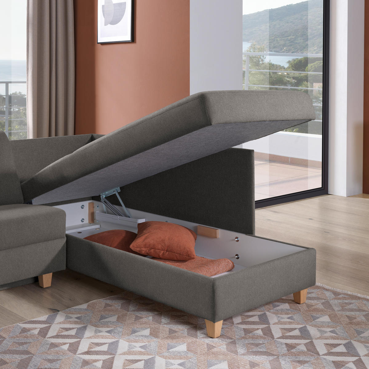 ECKSOFA in Flachgewebe Schlammfarben  261/203 cm  - Schlammfarben/Eichefarben, KONVENTIONELL, Holz/Textil (261/203cm) - Sedda