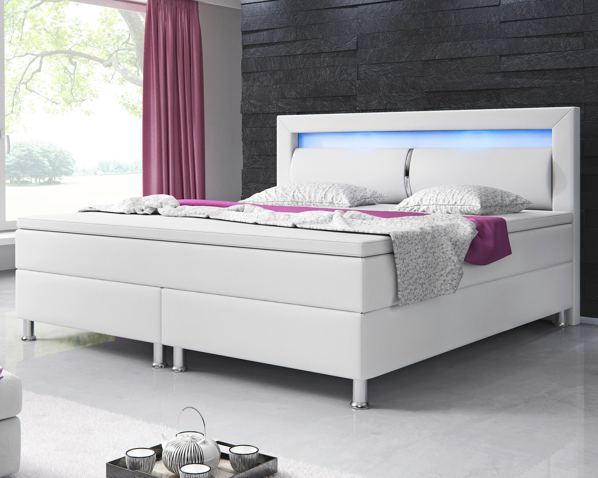 Boxspringbett mit Topper  in Weiß  - Silberfarben/Weiß, KONVENTIONELL, Leder/Textil (180/115/210cm) - MID.YOU