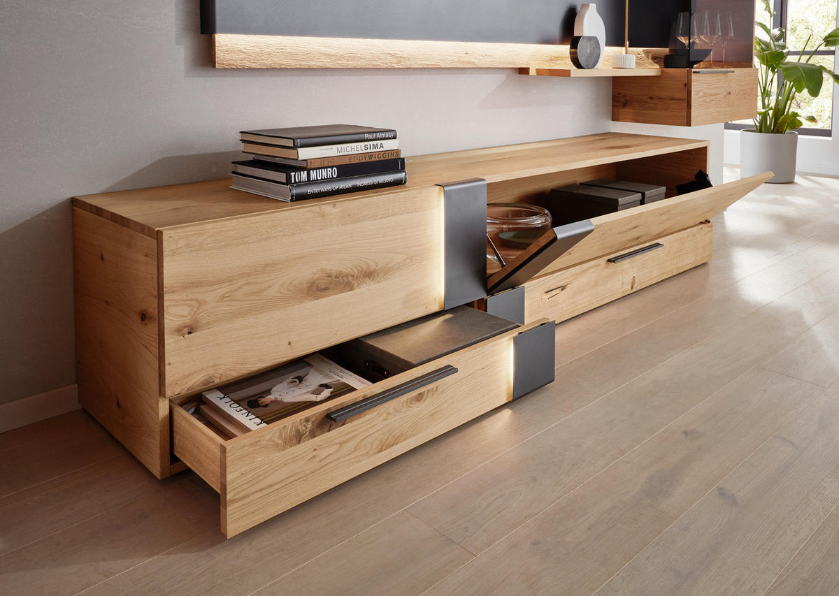 WOHNWAND  in Anthrazit, Eichefarben 384/198/48 cm  - Eichefarben/Anthrazit, Natur, Glas/Holz (384/198/48cm) - Voglauer